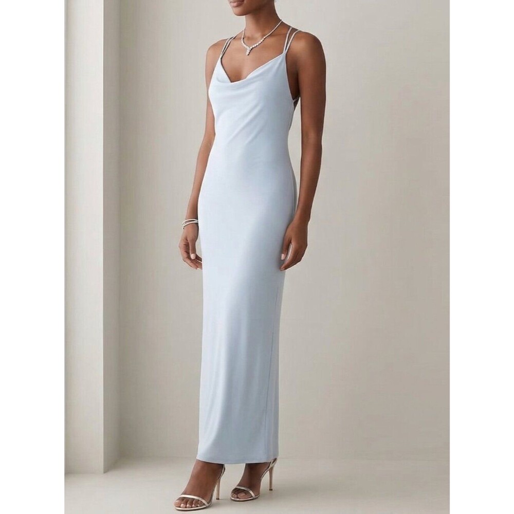 2/$100 Halston Heritage Cowl Neck Strappy Back Slip Maxi Gown Light Blue Size 4